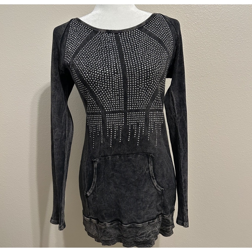 Y2K Vocal Apparel Women's Mineral Wash Black Tunic Bling Western Chic Top L